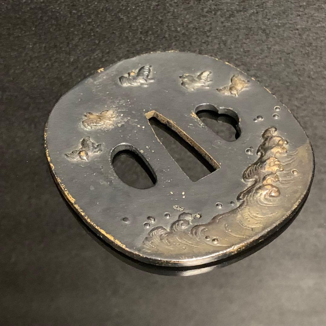 《アンティーク希少レア品！》⭐︎荒波 鳥 鍔つば　江戸期 銅 刀剣鍔♪⭐︎