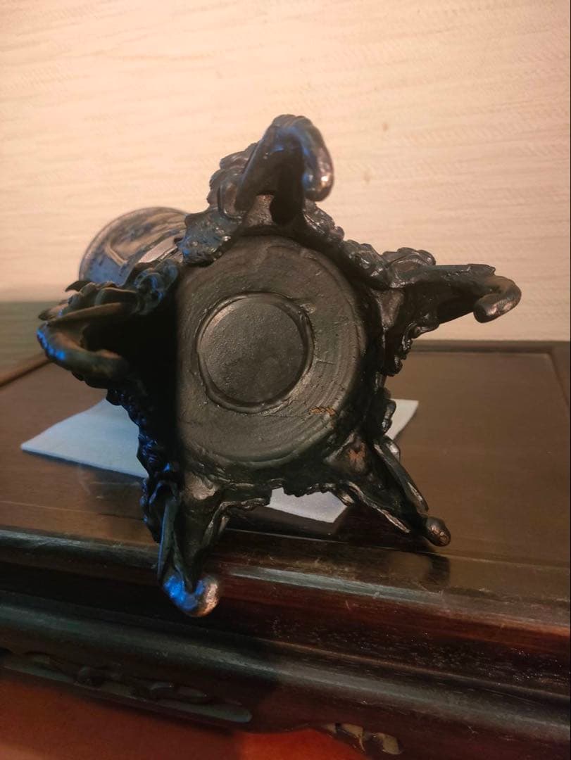 薄端 青銅製 龍双耳 五足 人物花鳥紋 獣足 幅32㎝ 重量約7kg