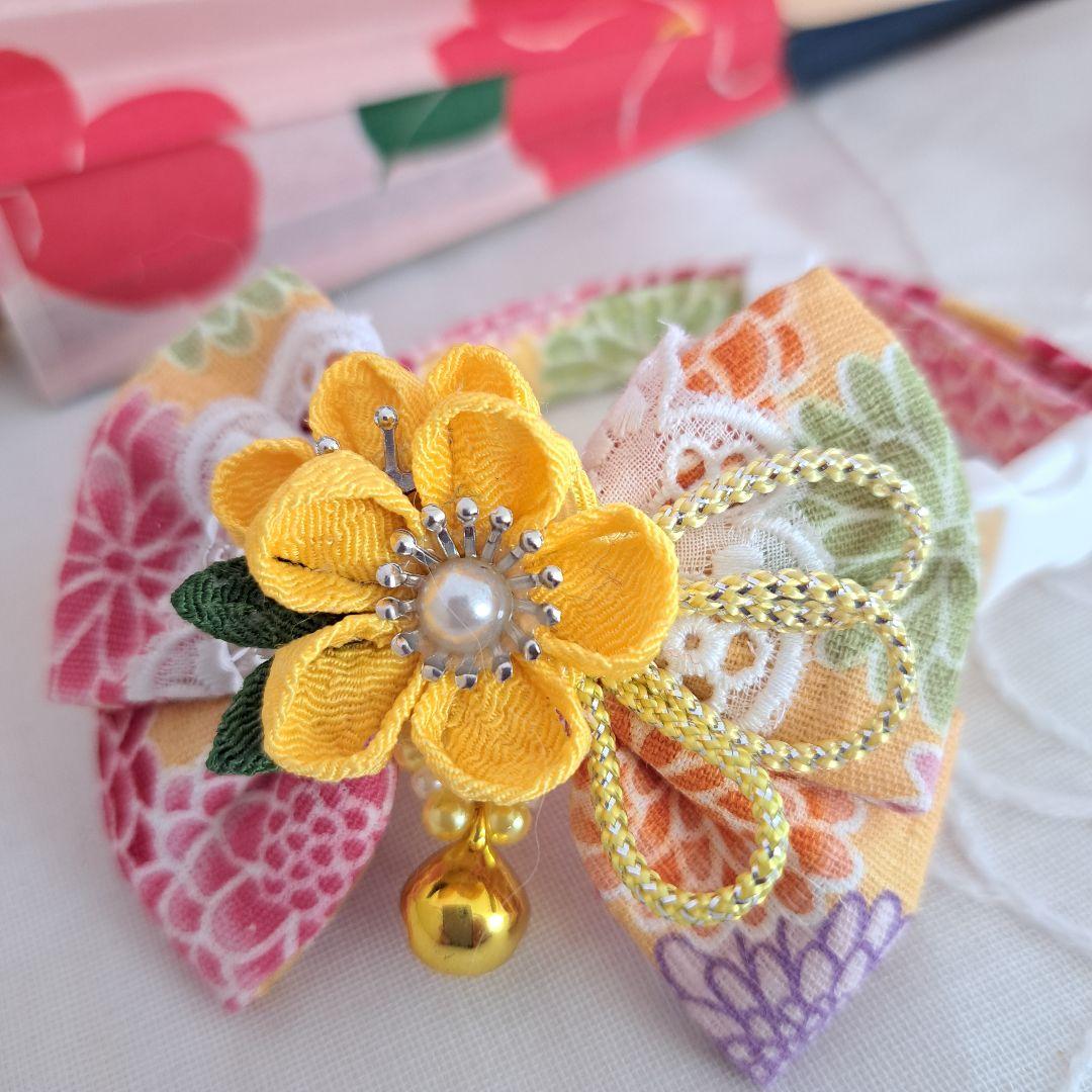 つまみ細工ダブルリボン(黄色)わんちゃん猫ちゃん用首輪