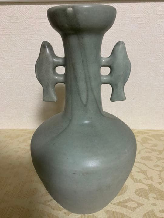 中国古美術/南宋青釉雙魚龍耳花瓶/倉庫整理品