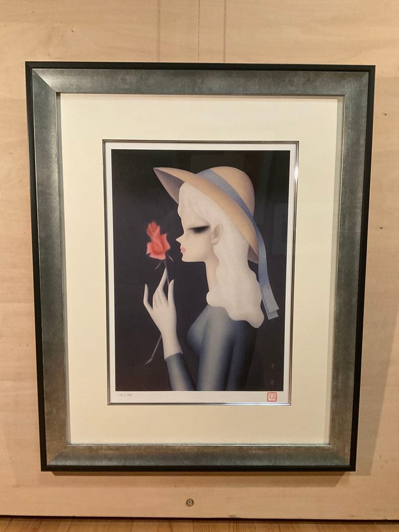 東郷青児　「バラ一輪」　リトグラフ　直筆サイン・エディション・作品証明シール有り