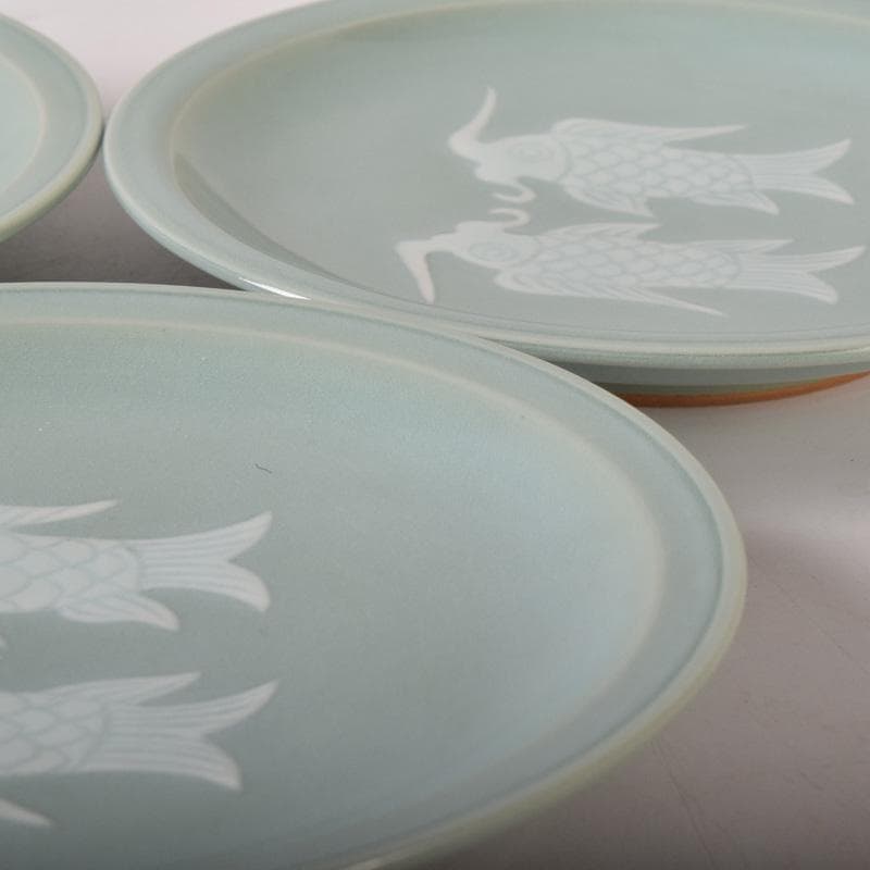 京焼　清水焼　東山窯　宮永東山作　青磁　双魚文　皿　五客　共箱　C　7627