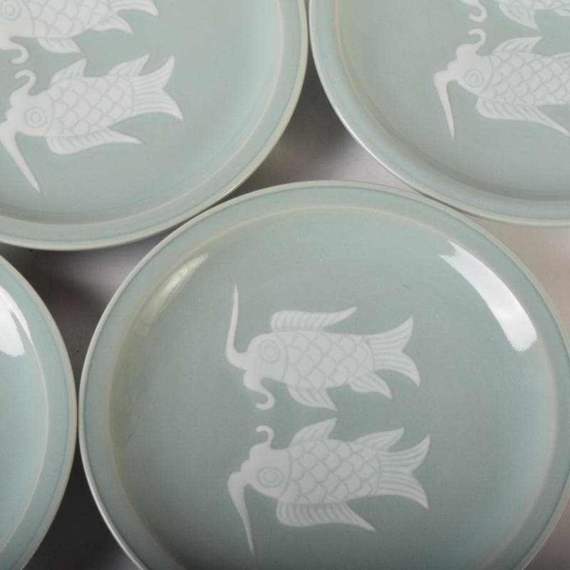 京焼　清水焼　東山窯　宮永東山作　青磁　双魚文　皿　五客　共箱　C　7627