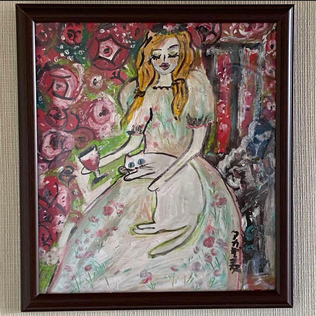 絵画 。壁掛け絵【美しい赤いバラ園でワインを飲みながら白い猫を抱いている少女】