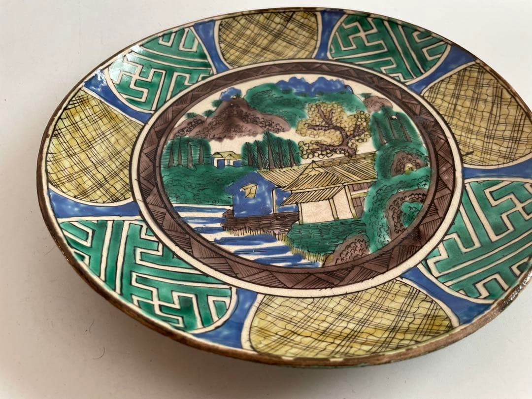 骨董　アンティーク　青手九谷　山水図　皿　絵皿　古九谷　角福