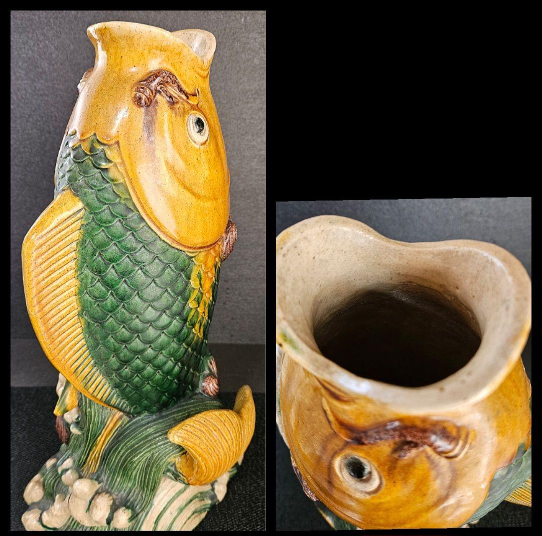 中国古美術　中国古陶磁器　中国古玩　黄緑交趾　鯉の滝登り　登龍門　置物　オブジェ