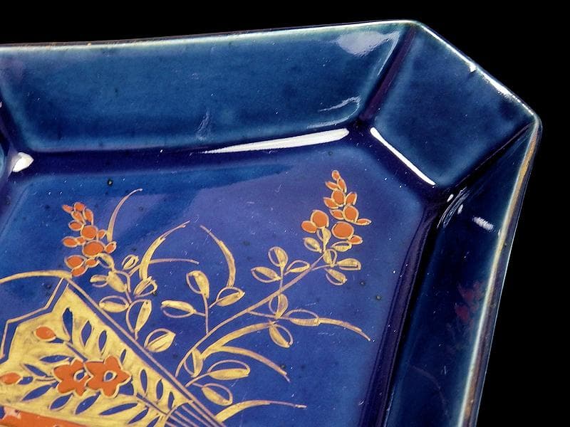 古伊万里　瑠璃　扇に桔梗の図　菱形変形皿　２客　D039AS-DAm