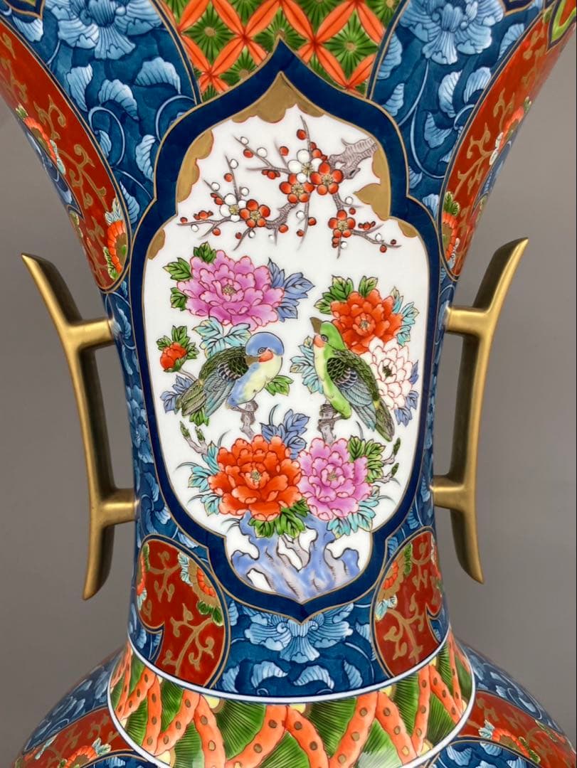有田焼銘工 藤井勝雲 極上 染錦 花鳥図花瓶 金箔 金彩色絵 双耳 飾壷 置物