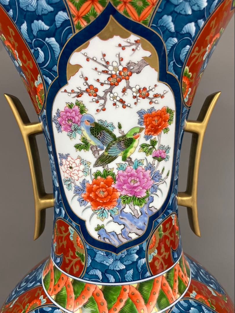 有田焼銘工 藤井勝雲 極上 染錦 花鳥図花瓶 金箔 金彩色絵 双耳 飾壷 置物