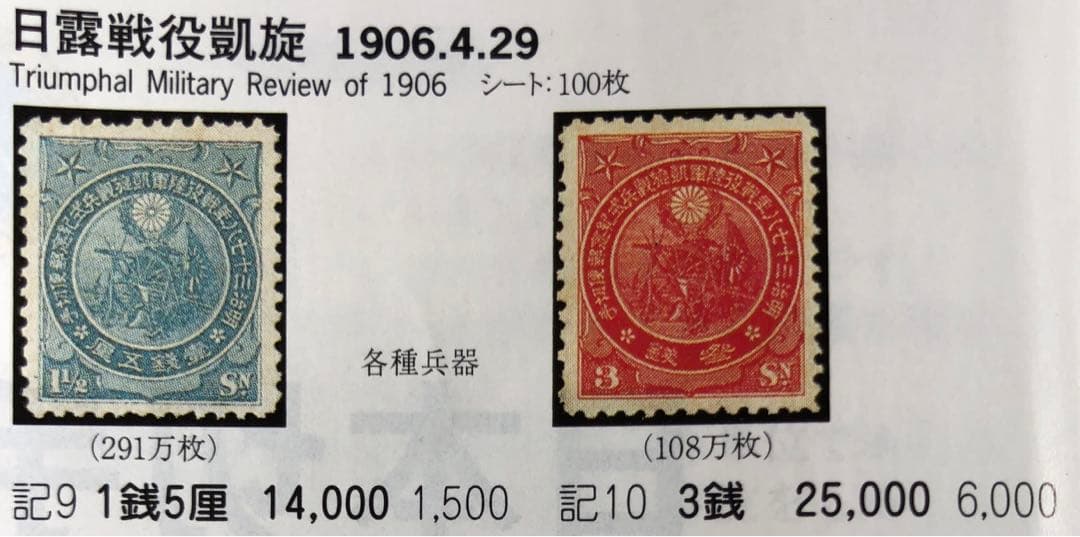 カタログ価39,000円！明治39年 日露戦役凱旋記念切手2種未使用裏糊ツヤピカ