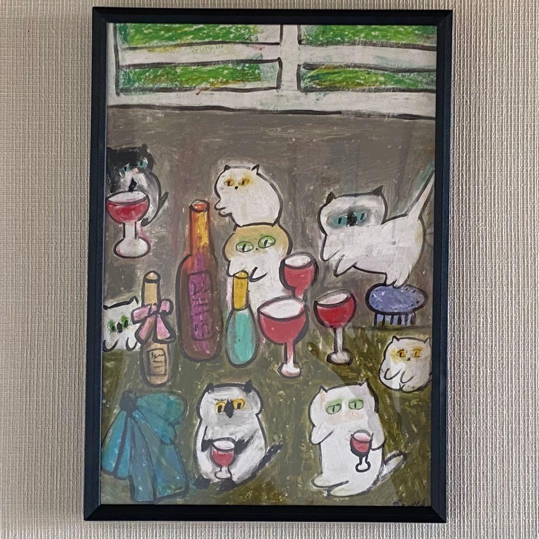 絵画 。壁掛け絵原画手描き【かわいい猫たちの楽しいワインパーティー】