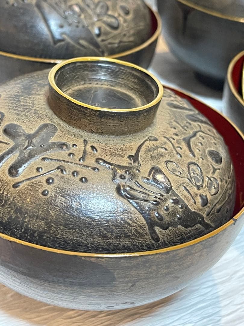 鉄錆塗　会津　吸物椀　9客　骨董　蓋付き椀　明治大正時代148