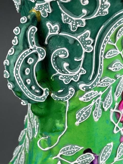 【希少】オールドニッポン 緑地藤紋一陳盛り花瓶 アールヌーボー様式 盛上げ 花器