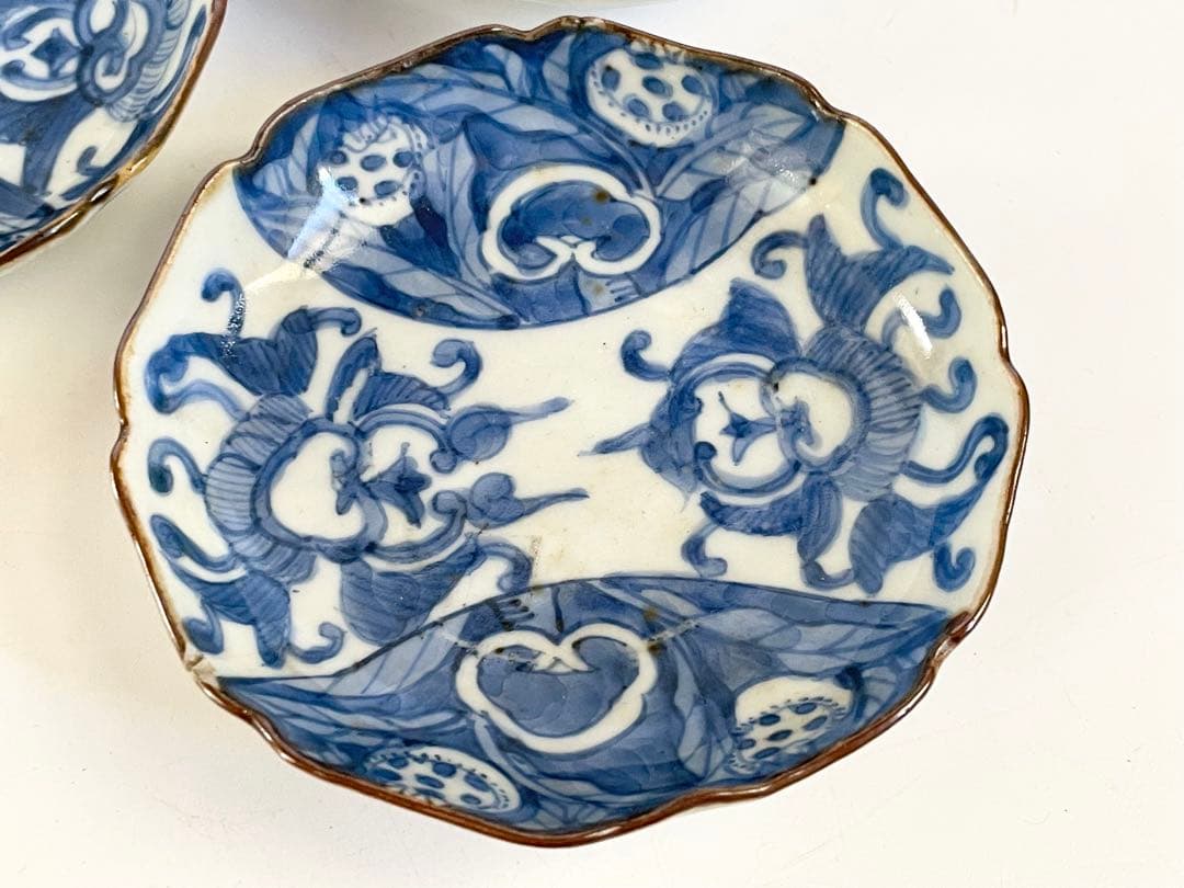 骨董　アンティーク　古伊万里　染付　柘榴文　小皿　輪花皿　3枚　大明弘治年製