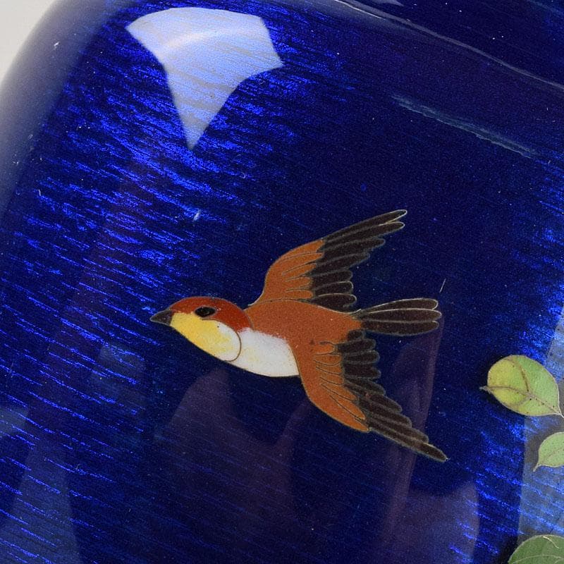 七宝焼　青透釉　花鳥文　花瓶　唐木台・時代箱付　M　R9422