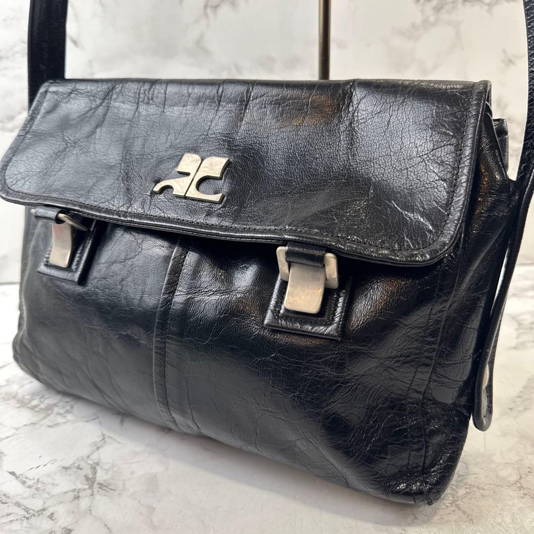 courreges クレージュ フランス製 本革 レザー ショルダーバッグ 黒