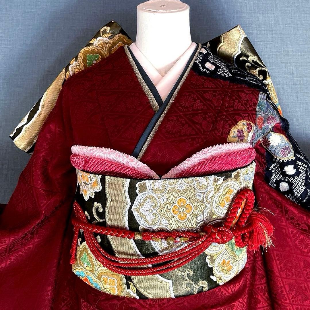 振袖フルセット　高身長　➕サイズ　絞り　手刺繍　成人式振袖　振袖　裄丈70 赤