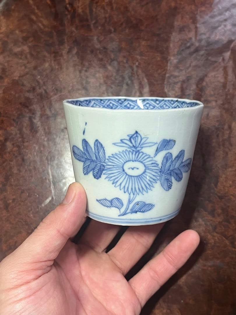 古伊万里　蕎麦猪口　菊　きく　線描　宝珠　軍配　団扇　経巻　宝巻　美品