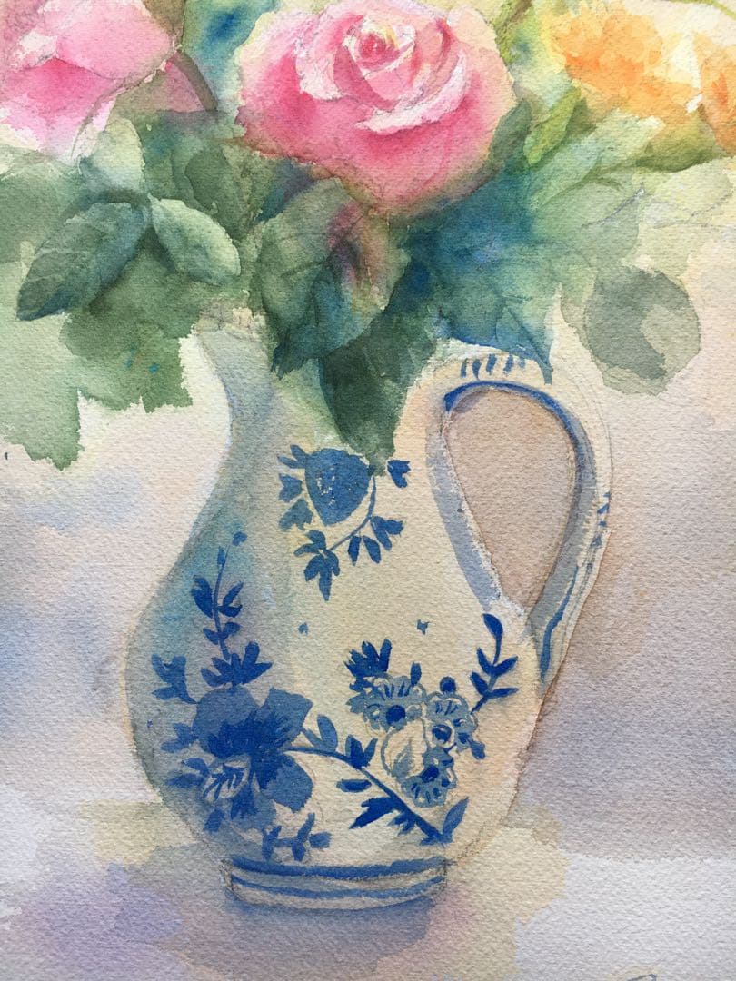 透明水彩画原画デルフト焼きの花瓶と春の薔薇たち④