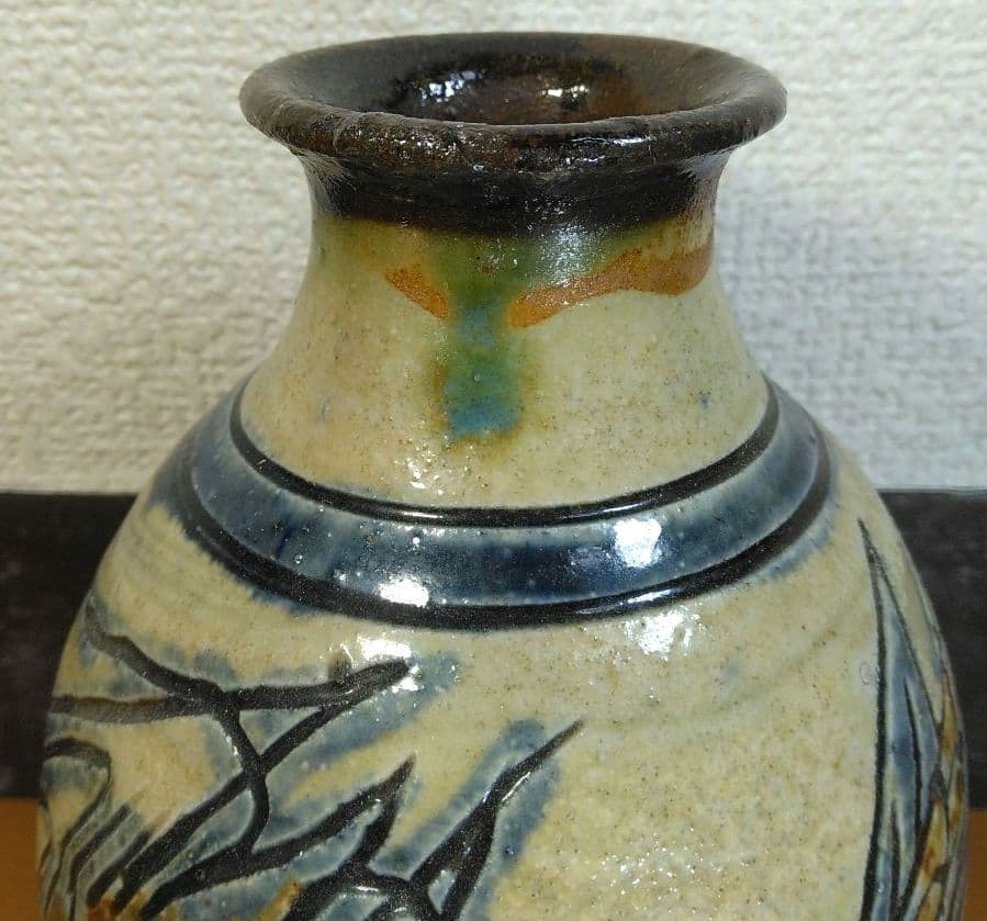 人間国宝 金城次郎 海老魚紋花瓶 栞 共箱 壺屋焼 壷屋焼 やちむん 上作花瓶