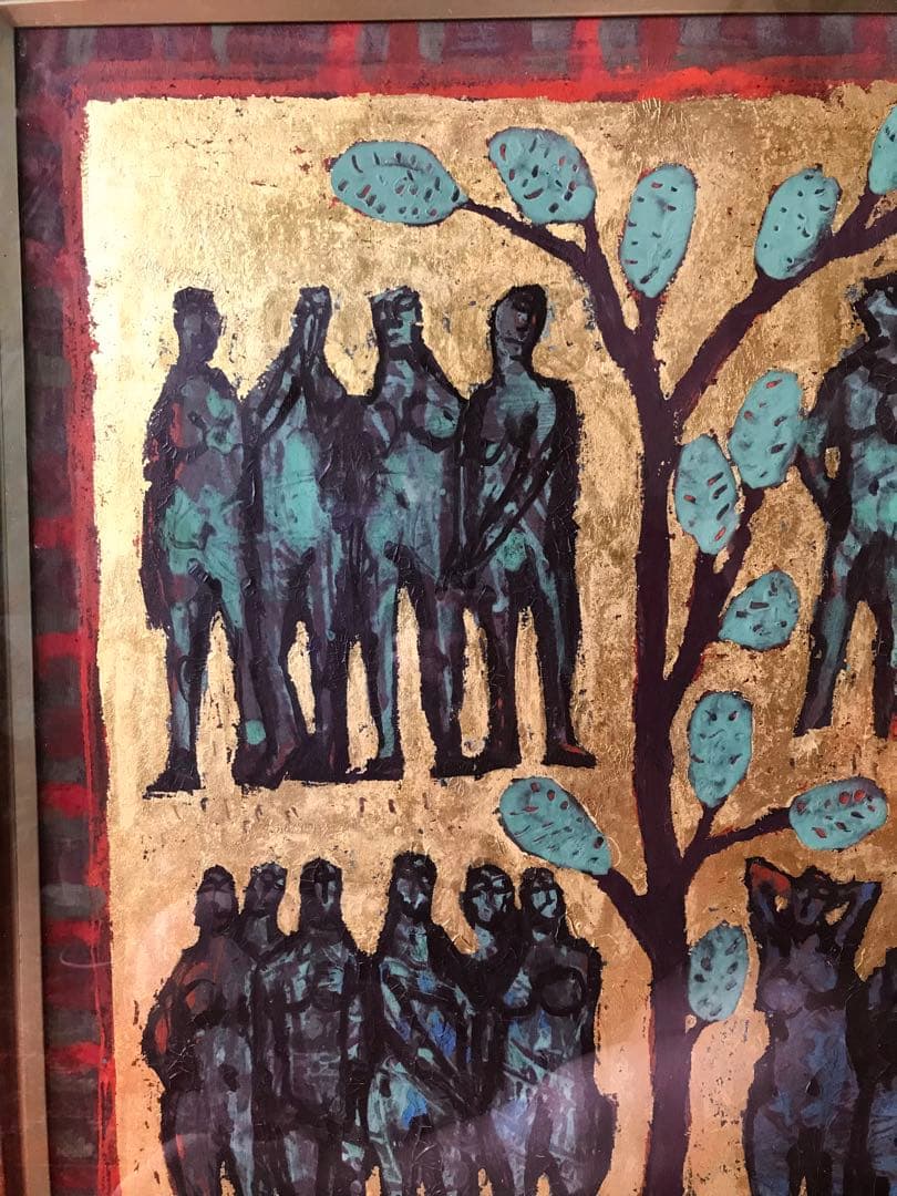 真作　上野泰郎　油絵　油彩画　木の下の人々　金地　キリスト教　額装　サイン入り