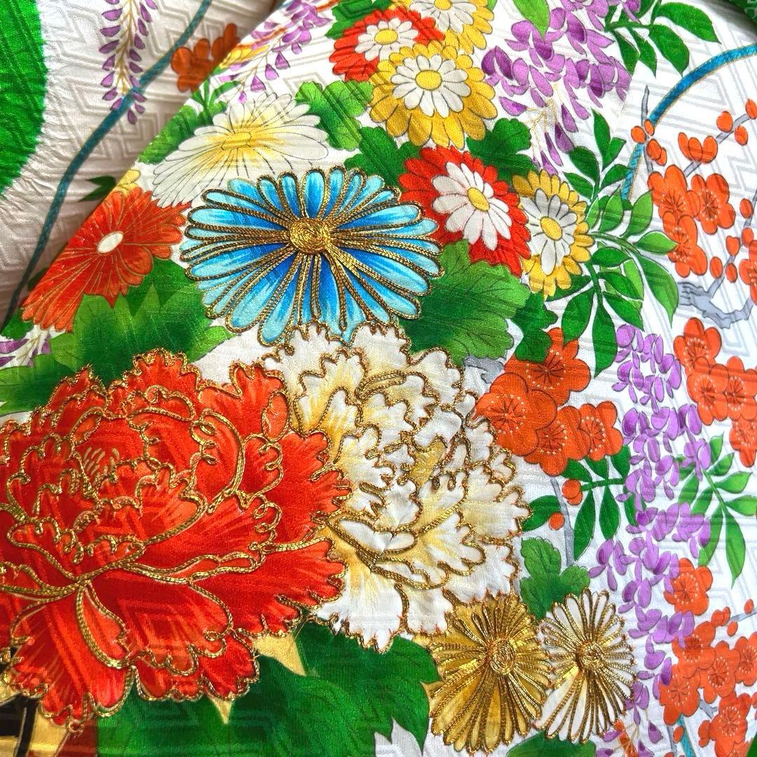 474 振袖フルセット 正絹 緑グリーン オレンジ レトロ 絞り 金彩 駒刺繍
