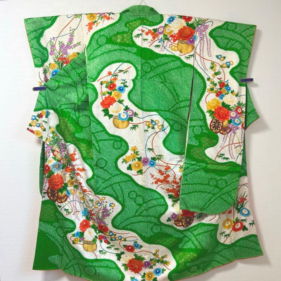 474 振袖フルセット 正絹 緑グリーン オレンジ レトロ 絞り 金彩 駒刺繍