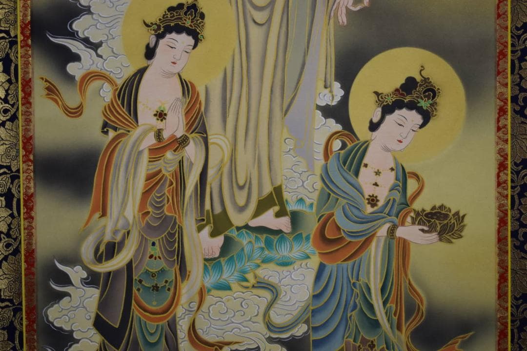 真作/福田素仙/三尊佛図/桐共箱付/布袋屋掛軸HE-951/