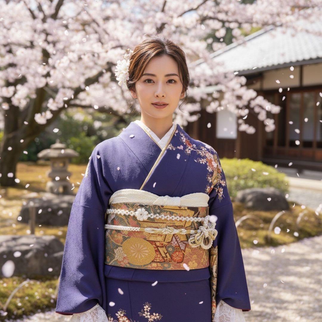 振袖10点フルセット　古典柄　ネイビー　成人式　結婚式　つけ袖白レース付　正絹