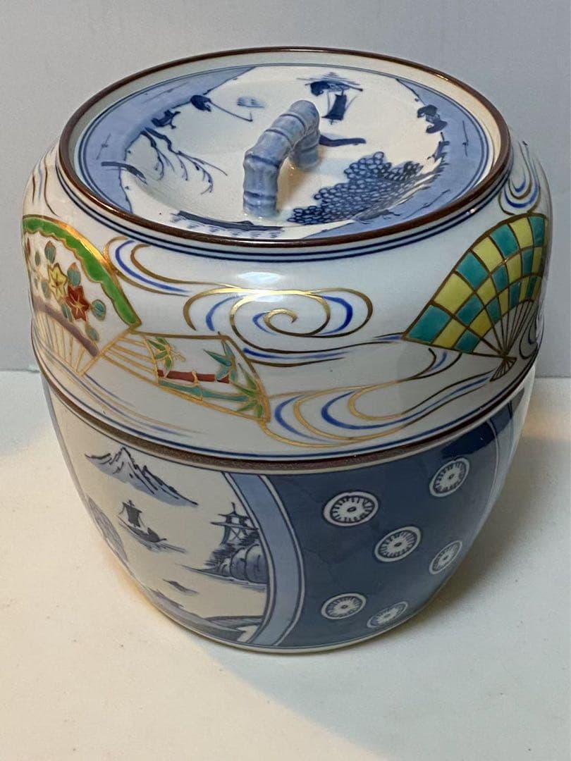 染付金蘭手山水文扇面文水指建水蓋 置物 時代物