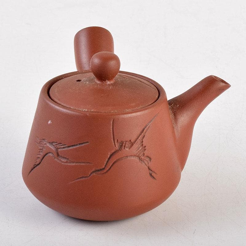 煎茶道具　俊峯作　紫砂　朱泥　鶴刻　急須　茶壷　C　9271