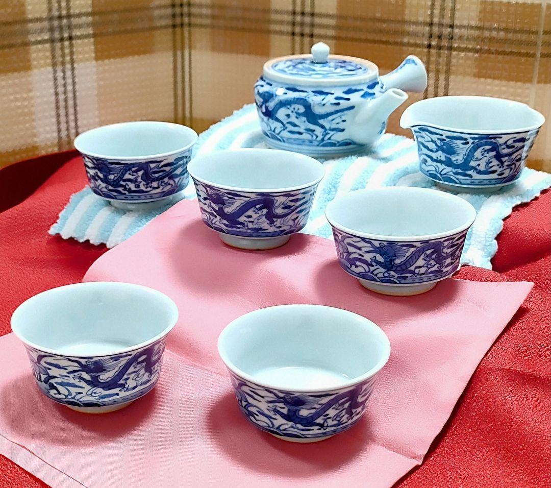 ●5388#0110　九谷焼アンティーク・レア茶道具茶器龍紋古染付セット0608