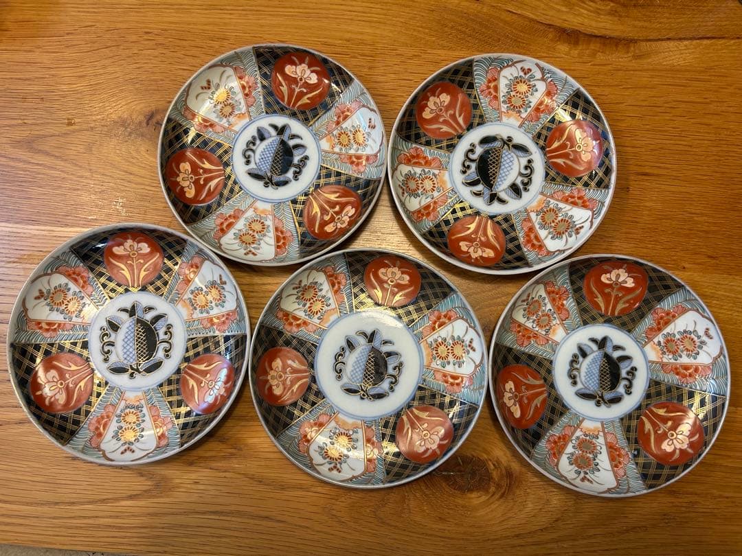 【1.18まで】桃小菊杜若赤絵金彩中皿　5枚セット　アンティーク　角冨　伊万里焼