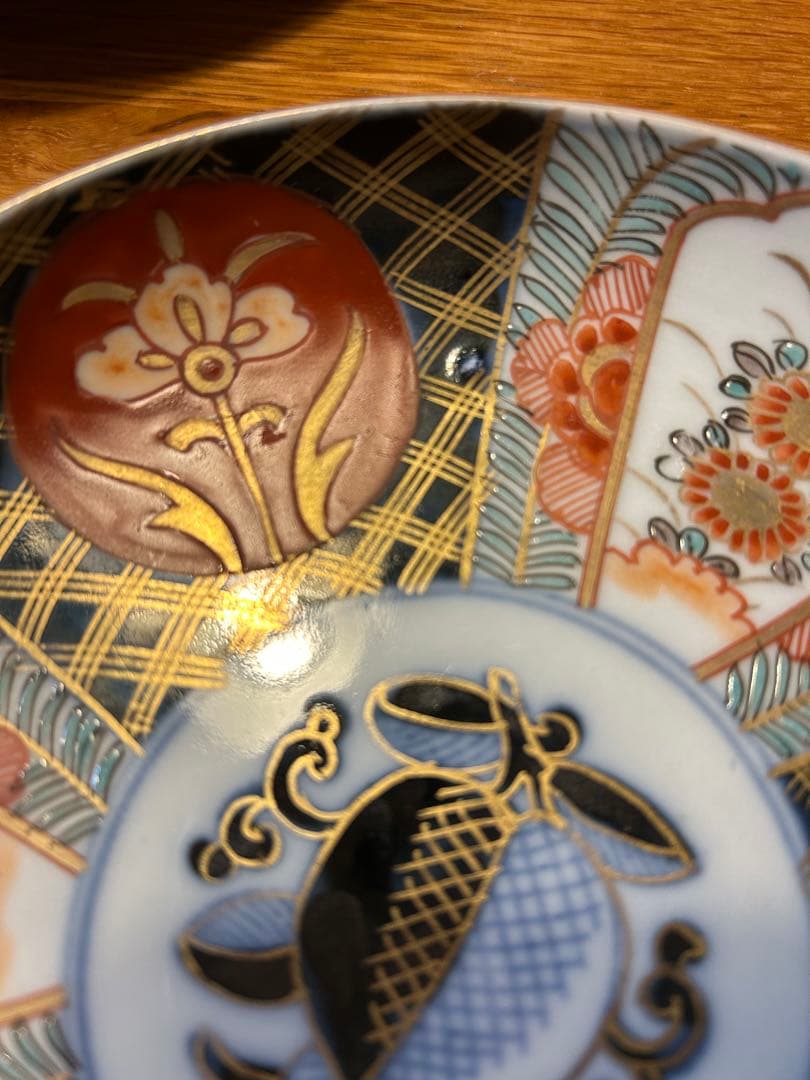 【1.18まで】桃小菊杜若赤絵金彩中皿　5枚セット　アンティーク　角冨　伊万里焼