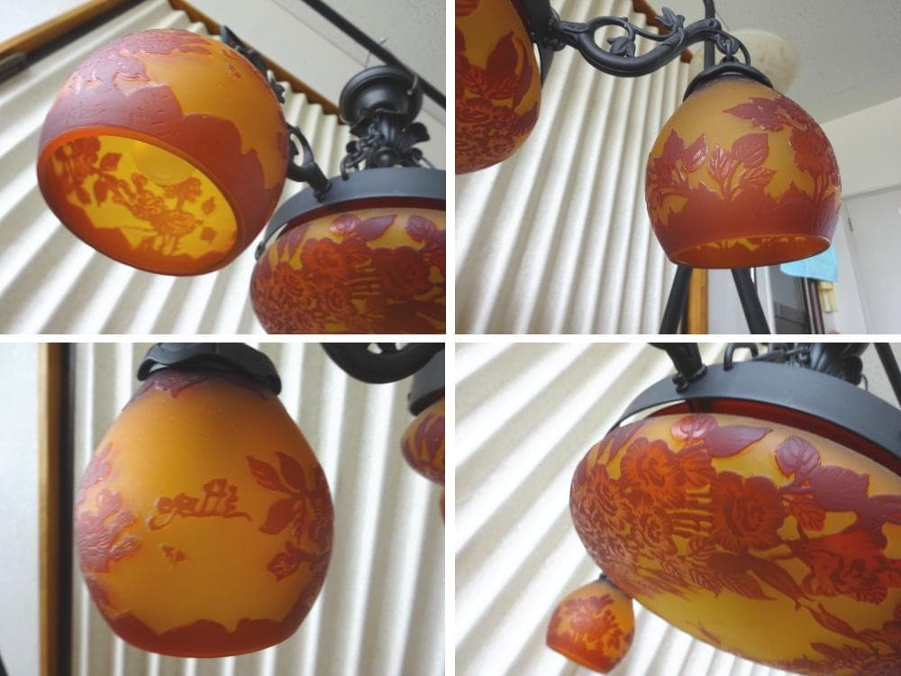 ガレコレクション　6灯シャンデリア　真鍮　カメオ掘り　アカネライティング