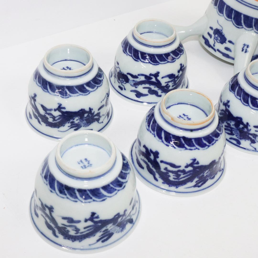 九谷焼 清陸 染付龍文 茶器 急須 湯呑 湯冷