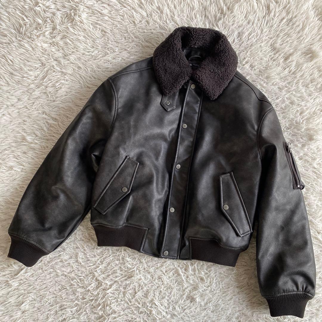 ZARA ボア襟付きレザージャケット S