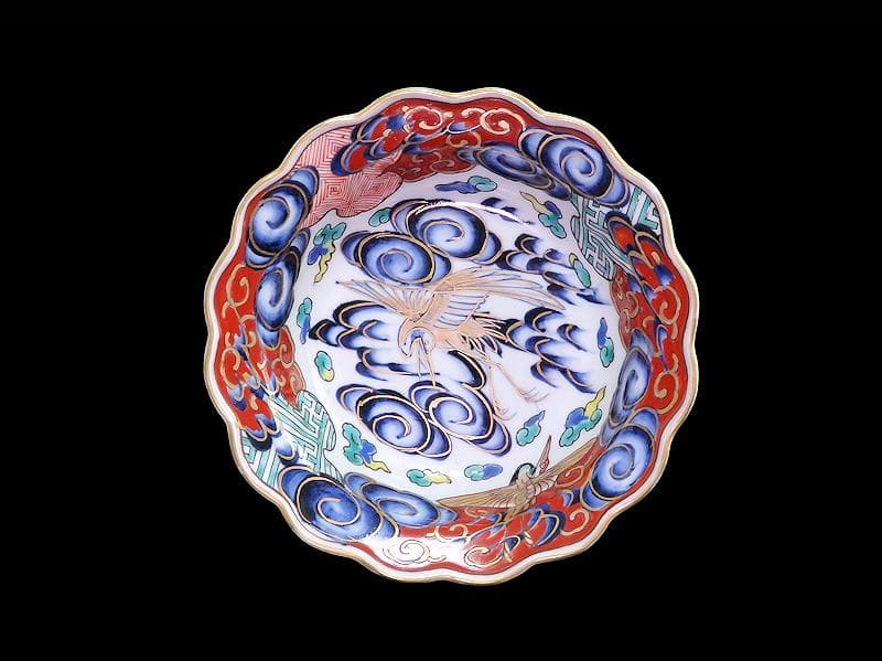 古伊万里　色絵　雲に双鶴の図　輪花膾皿　５客　B145AS-fbuz