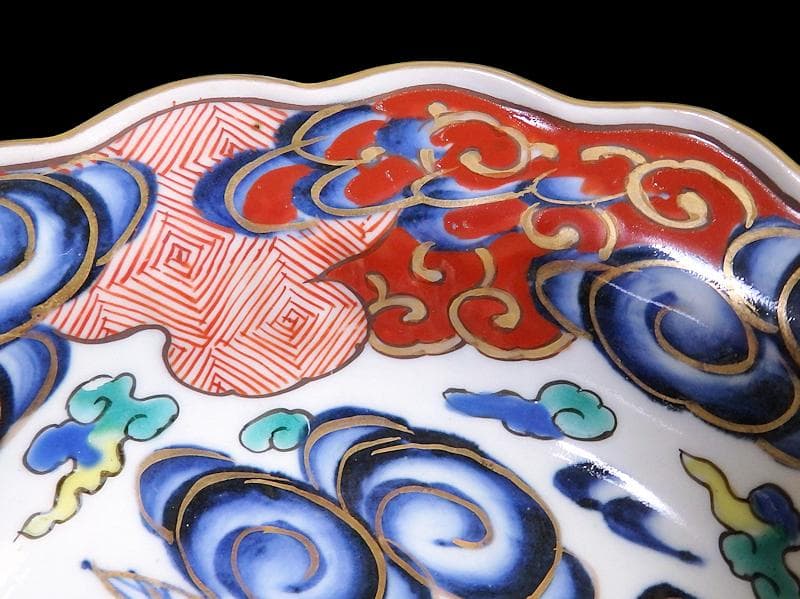 古伊万里　色絵　雲に双鶴の図　輪花膾皿　５客　B145AS-fbuz