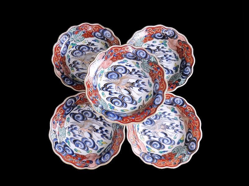 古伊万里　色絵　雲に双鶴の図　輪花膾皿　５客　B145AS-fbuz