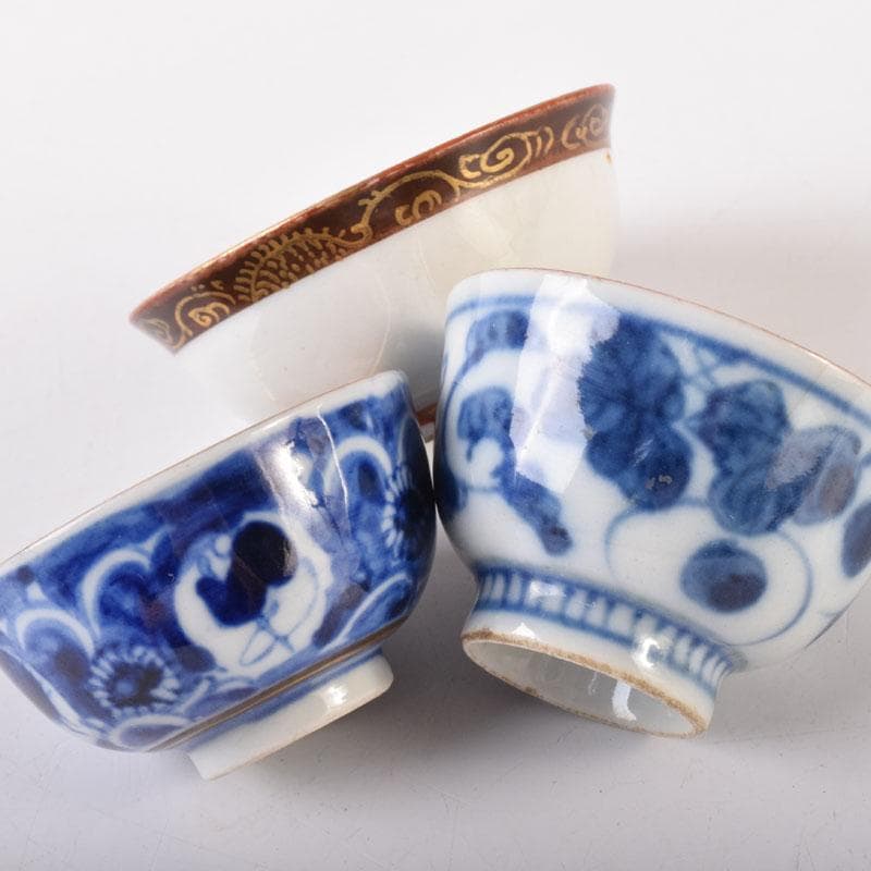 九谷焼　古九谷　色絵金彩　染付　漢詩文など　時代盃　五客　時代箱付　VR8125