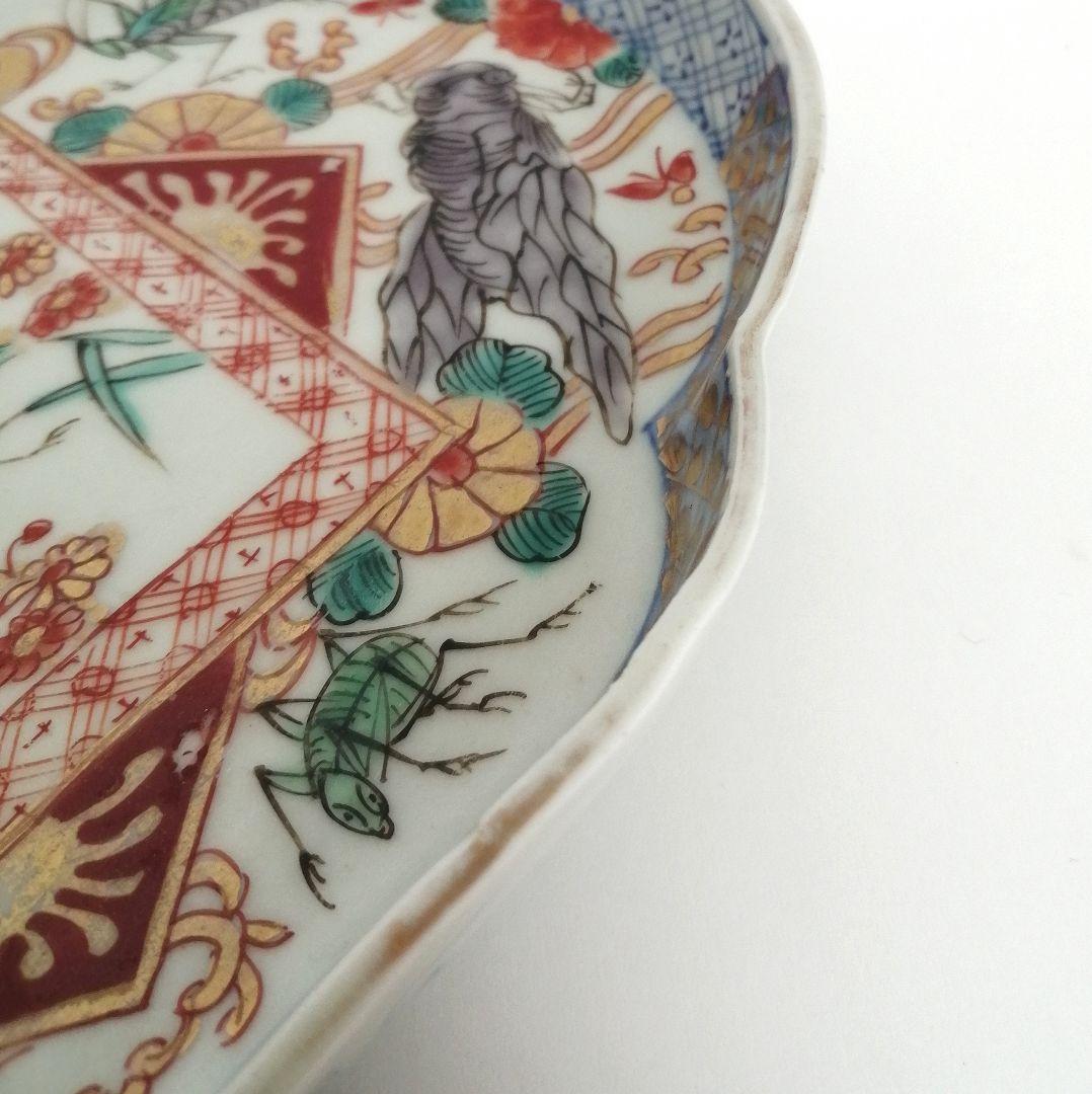 古伊万里　色絵　虫尽くし図　木瓜形　縁立皿