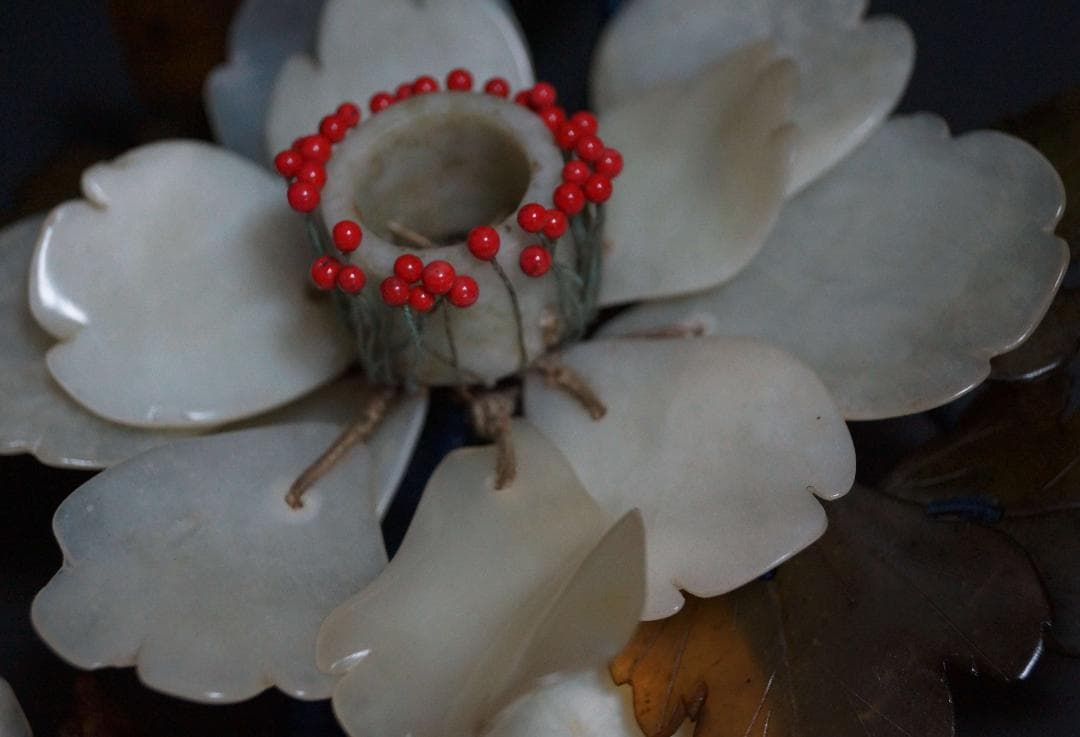 昭和初期 天然玉製 細工造り『牡丹花』蝋燭立て(一対) ろうそく台 茶道具時代物