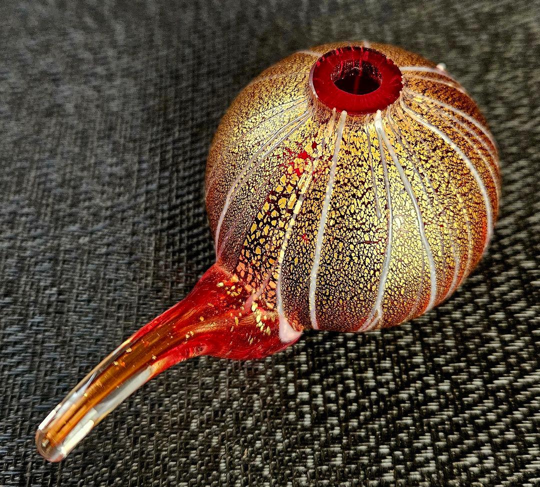 ヨーロッパアンティーク　赤被せ　金彩　縦縞模様　チロリ　水滴　オブジェ　状態良好