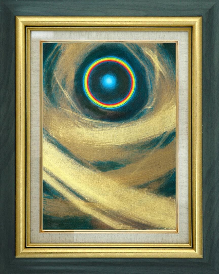 油絵 菅家令子 絵 絵画インテリア額付(青緑＋金色の枠)F4-G232023祈り