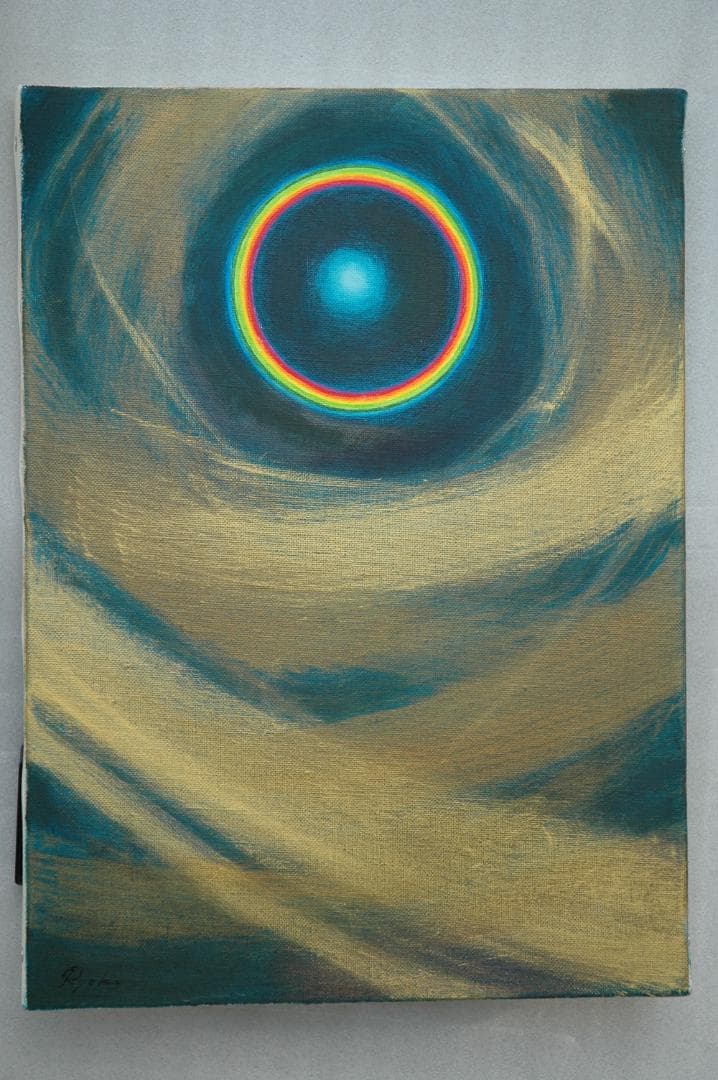 油絵 菅家令子 絵 絵画インテリア額付(青緑＋金色の枠)F4-G232023祈り