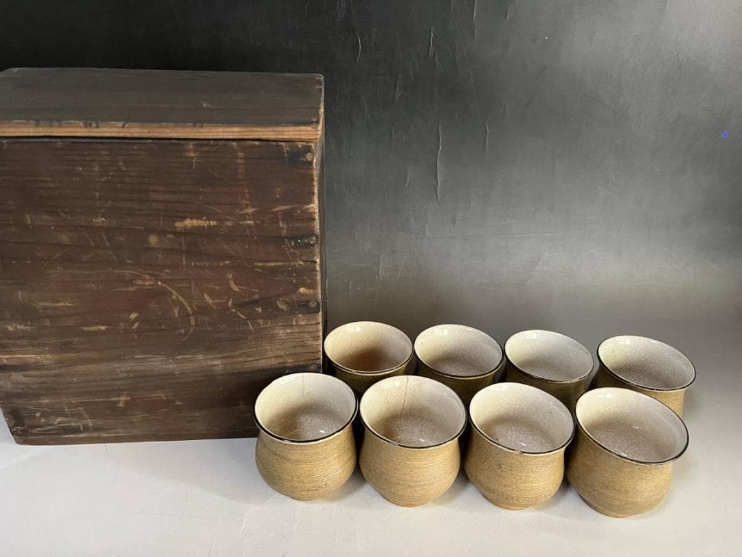 湯飲み■黄瀬戸 五陶 8客 煎茶碗 湯呑み茶碗 箱付き お茶道具 時代物 骨董■