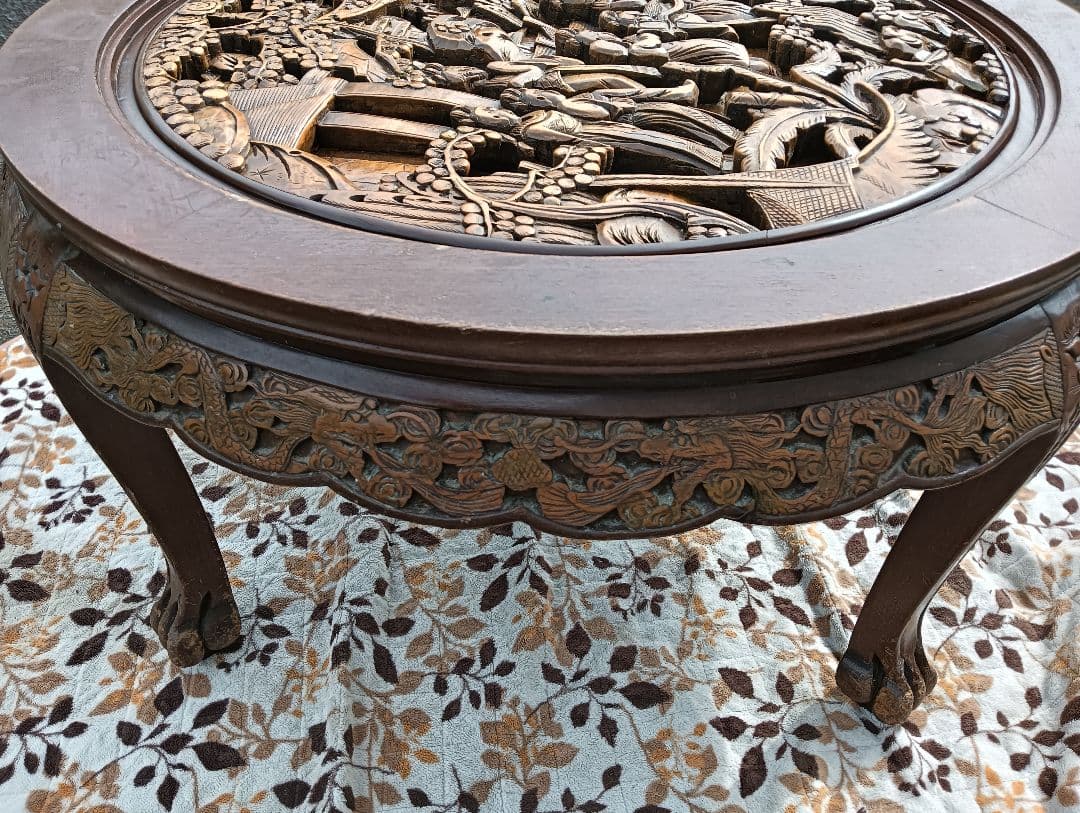 アンティーク彫刻家具 アジア 座卓 ちゃぶ台 猫脚 骨董