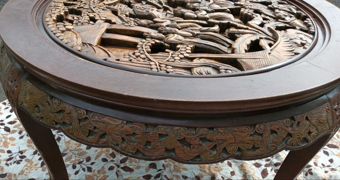 アンティーク彫刻家具 アジア 座卓 ちゃぶ台 猫脚 骨董
