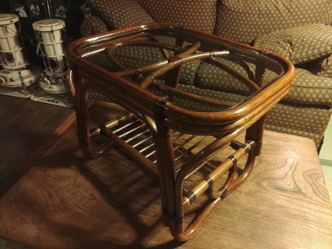 山　美品　ラタン　ガラステーブル　机　サイドテーブル　レトロ